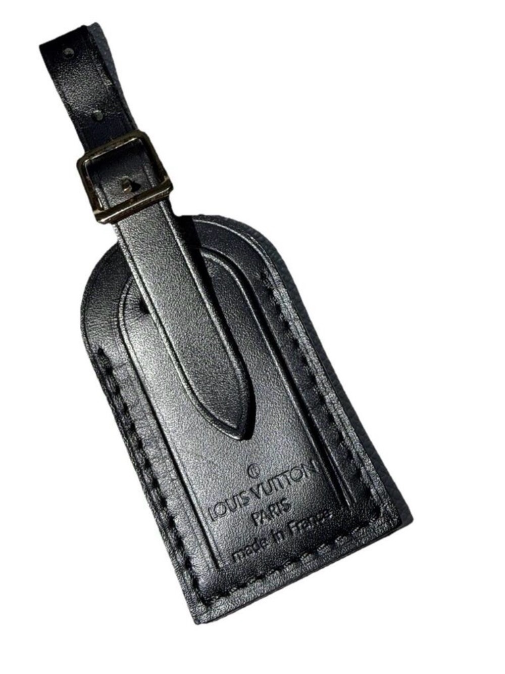 Louis Vuitton Black Embossed Leather Name Tag w/ RE Initials Stamped